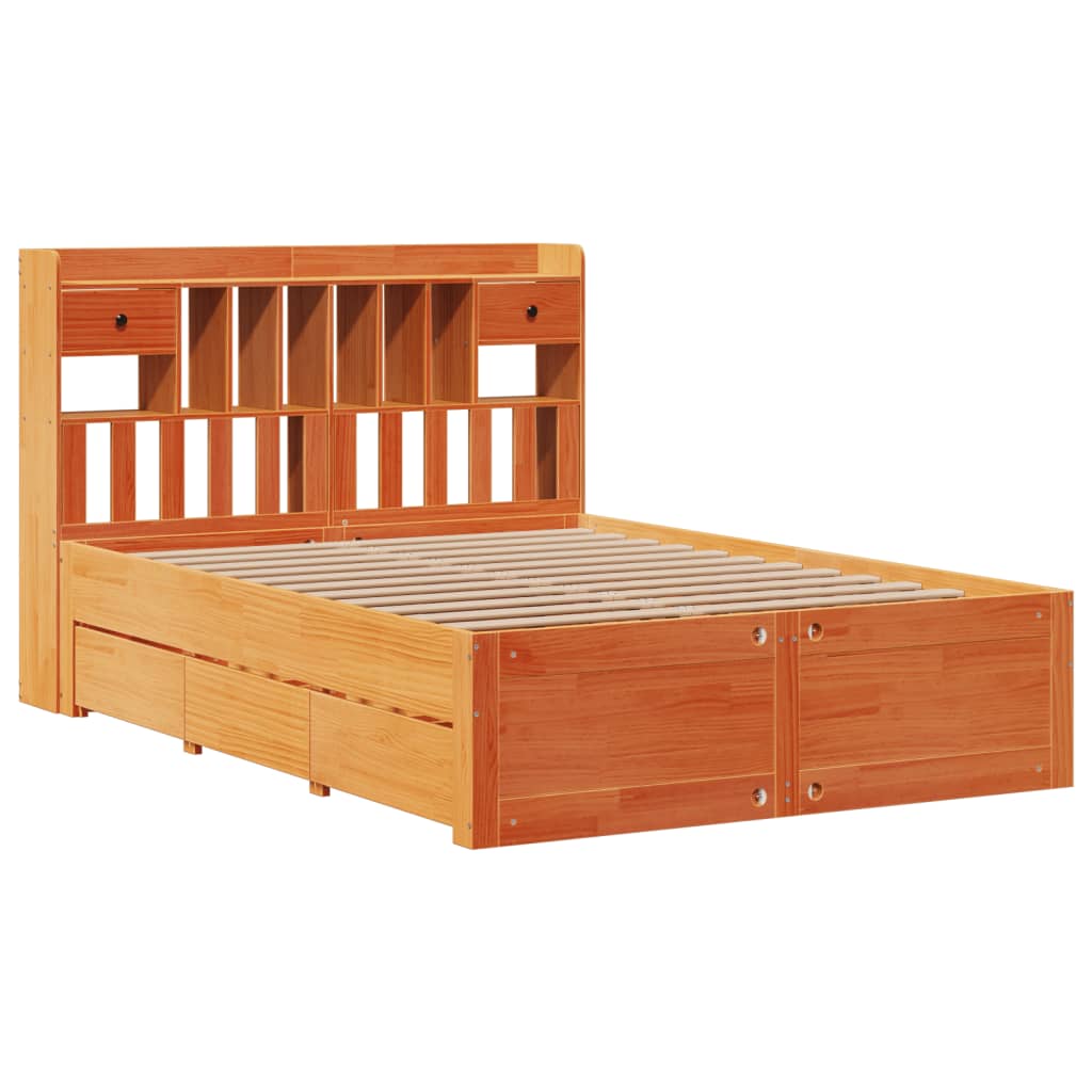 vidaXL Pat cu bibliotecă fără saltea maro 150x200 cm lemn masiv de pin