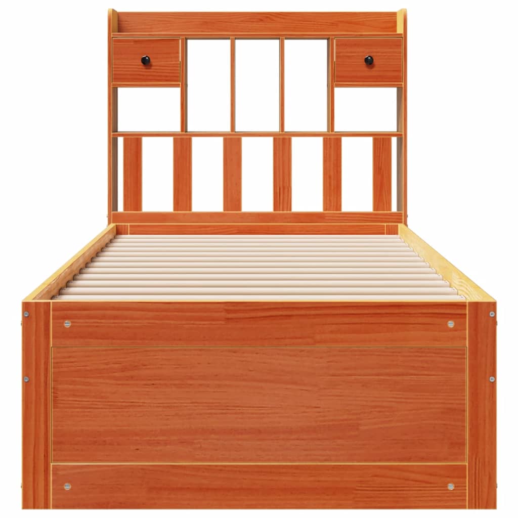 vidaXL Pat cu bibliotecă fără saltea, maro, 100x200 cm, lemn masiv pin vidaXL Pat cu bibliotecă fără saltea, maro, 100x200 cm, lemn masiv pin