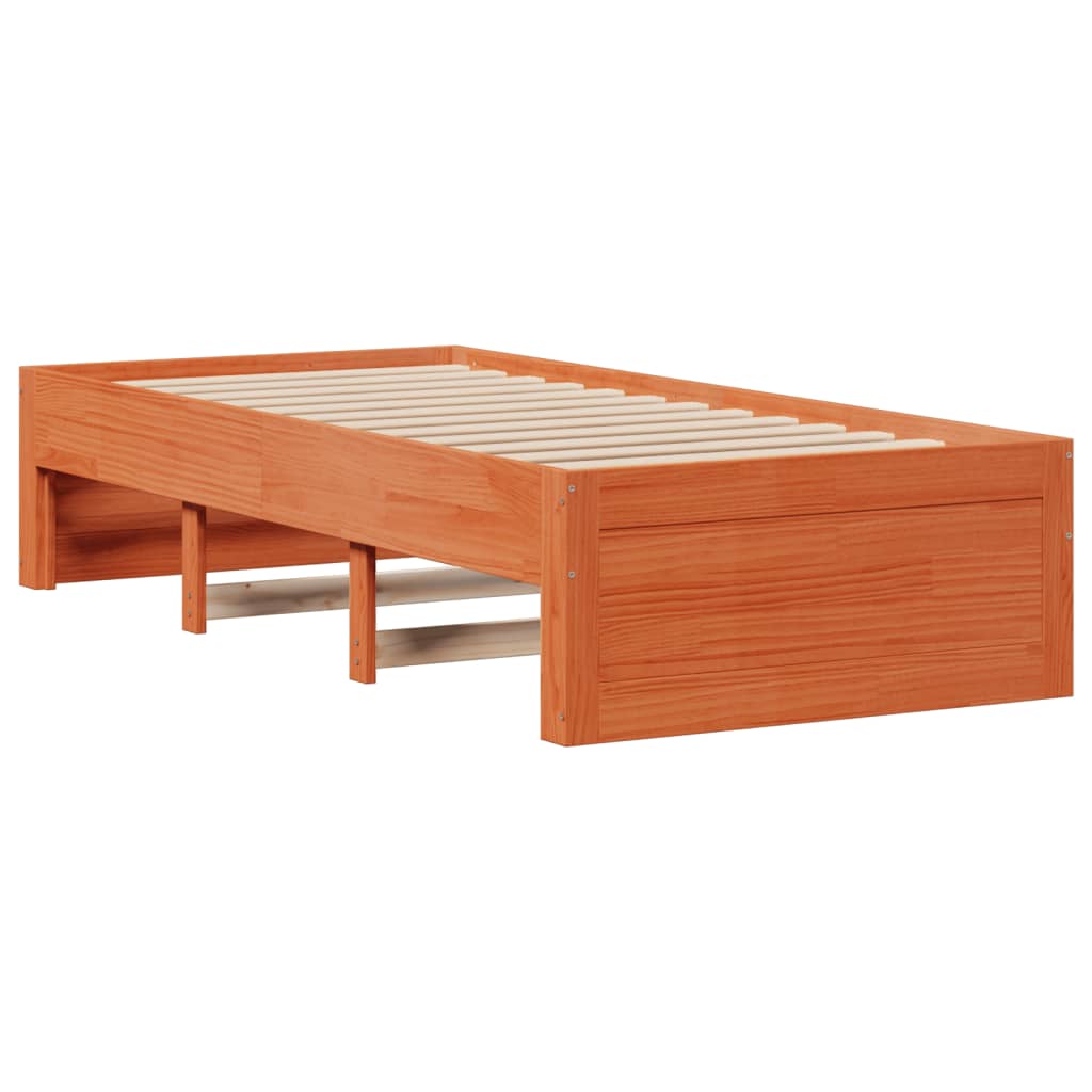 vidaXL Pat cu bibliotecă fără saltea, maro, 100x200 cm, lemn masiv pin vidaXL Pat cu bibliotecă fără saltea, maro, 100x200 cm, lemn masiv pin