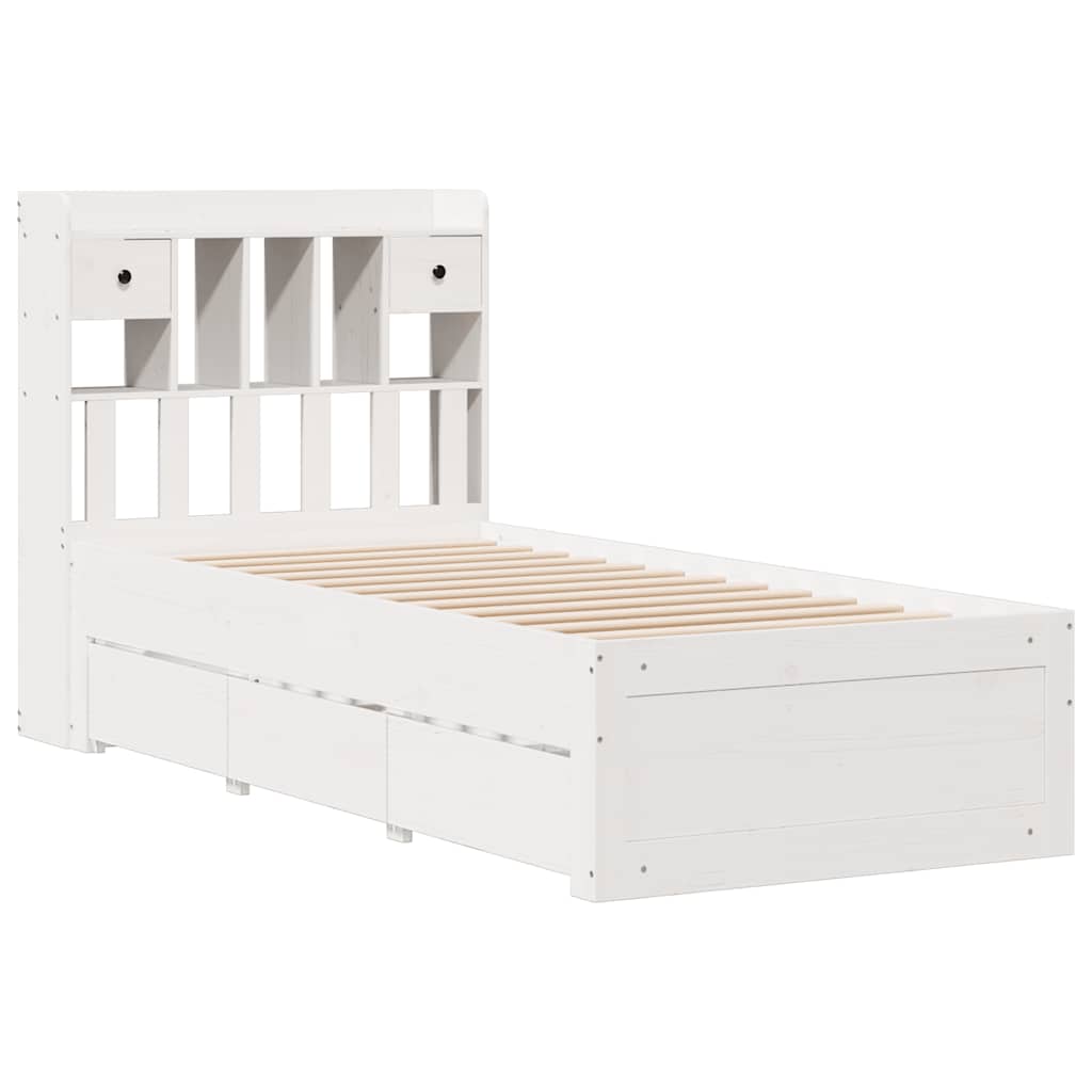 vidaXL Pat cu bibliotecă fără saltea, alb, 90x200 cm, lemn masiv pin vidaXL Pat cu bibliotecă fără saltea, alb, 90x200 cm, lemn masiv pin