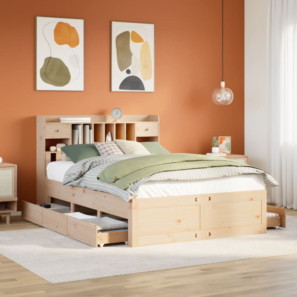 vidaXL Pat cu bibliotecă fără saltea, 140x190 cm, lemn masiv de pin vidaXL Pat cu bibliotecă fără saltea, 140x190 cm, lemn masiv de pin