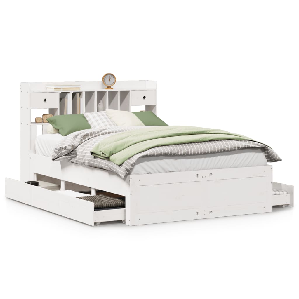vidaXL Pat cu bibliotecă fără saltea, alb, 140x190 cm, lemn masiv pin vidaXL Pat cu bibliotecă fără saltea, alb, 140x190 cm, lemn masiv pin