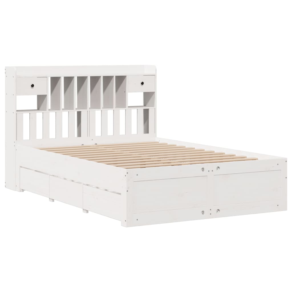 vidaXL Pat cu bibliotecă fără saltea, alb, 140x190 cm, lemn masiv pin vidaXL Pat cu bibliotecă fără saltea, alb, 140x190 cm, lemn masiv pin