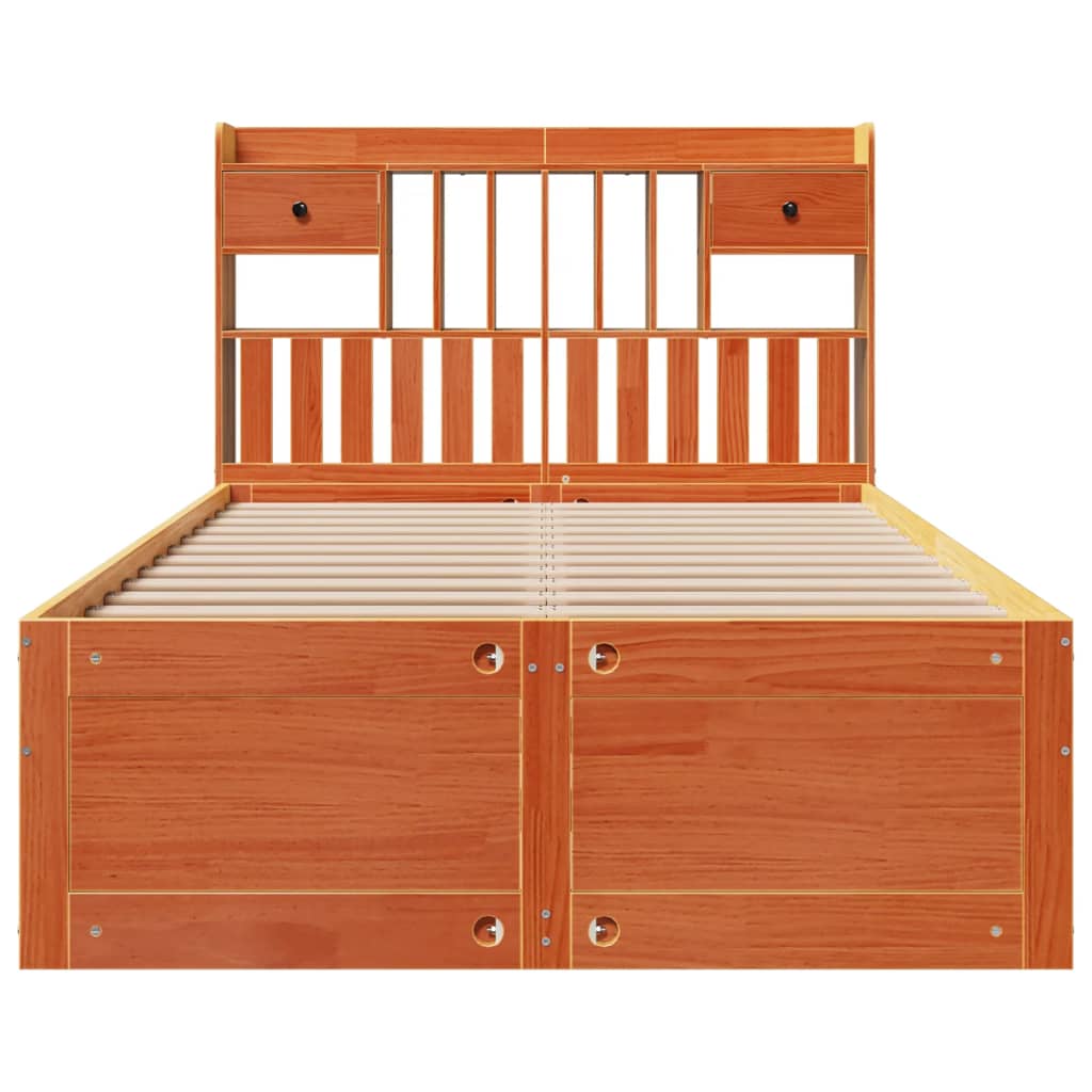 vidaXL Pat cu bibliotecă fără saltea maro 135x190 cm lemn masiv de pin vidaXL Pat cu bibliotecă fără saltea maro 135x190 cm lemn masiv de pin