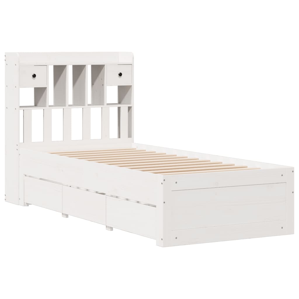 vidaXL Pat cu bibliotecă fără saltea, alb, 75x190 cm, lemn masiv pin