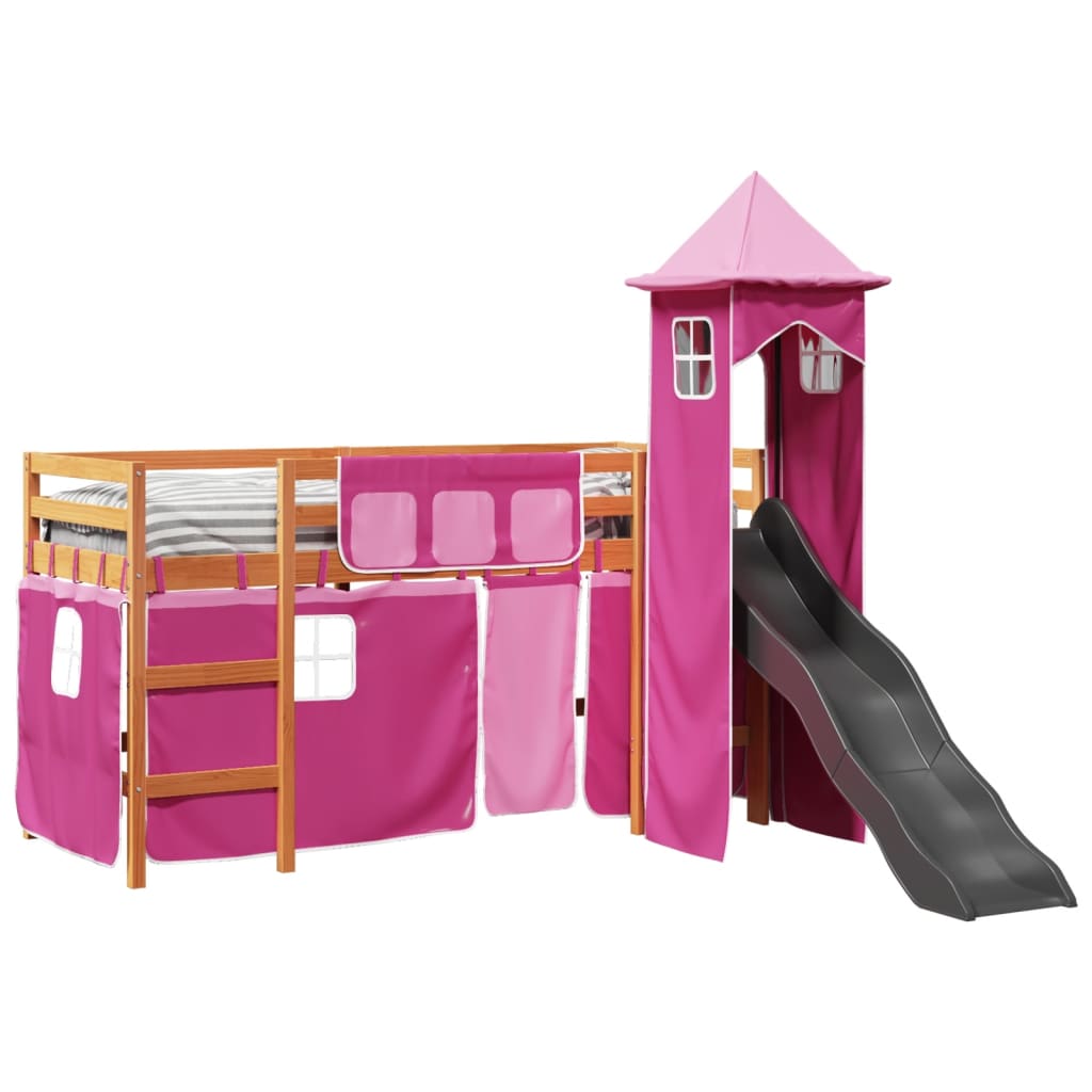 vidaXL Pat etajat de copii cu turn, roz, 80x200 cm, lemn masiv pin vidaXL Pat etajat de copii cu turn, roz, 80x200 cm, lemn masiv pin