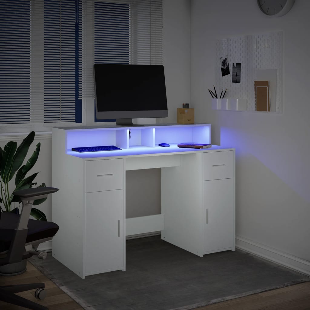 vidaXL Birou cu lumini LED, alb, 120x55x91 cm, lemn prelucrat vidaXL Birou cu lumini LED, alb, 120x55x91 cm, lemn prelucrat