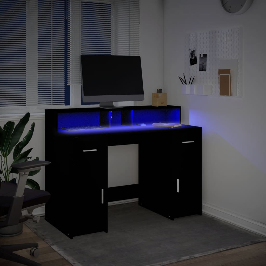 vidaXL Birou cu lumini LED, negru, 120x55x91 cm, lemn prelucrat vidaXL Birou cu lumini LED, negru, 120x55x91 cm, lemn prelucrat