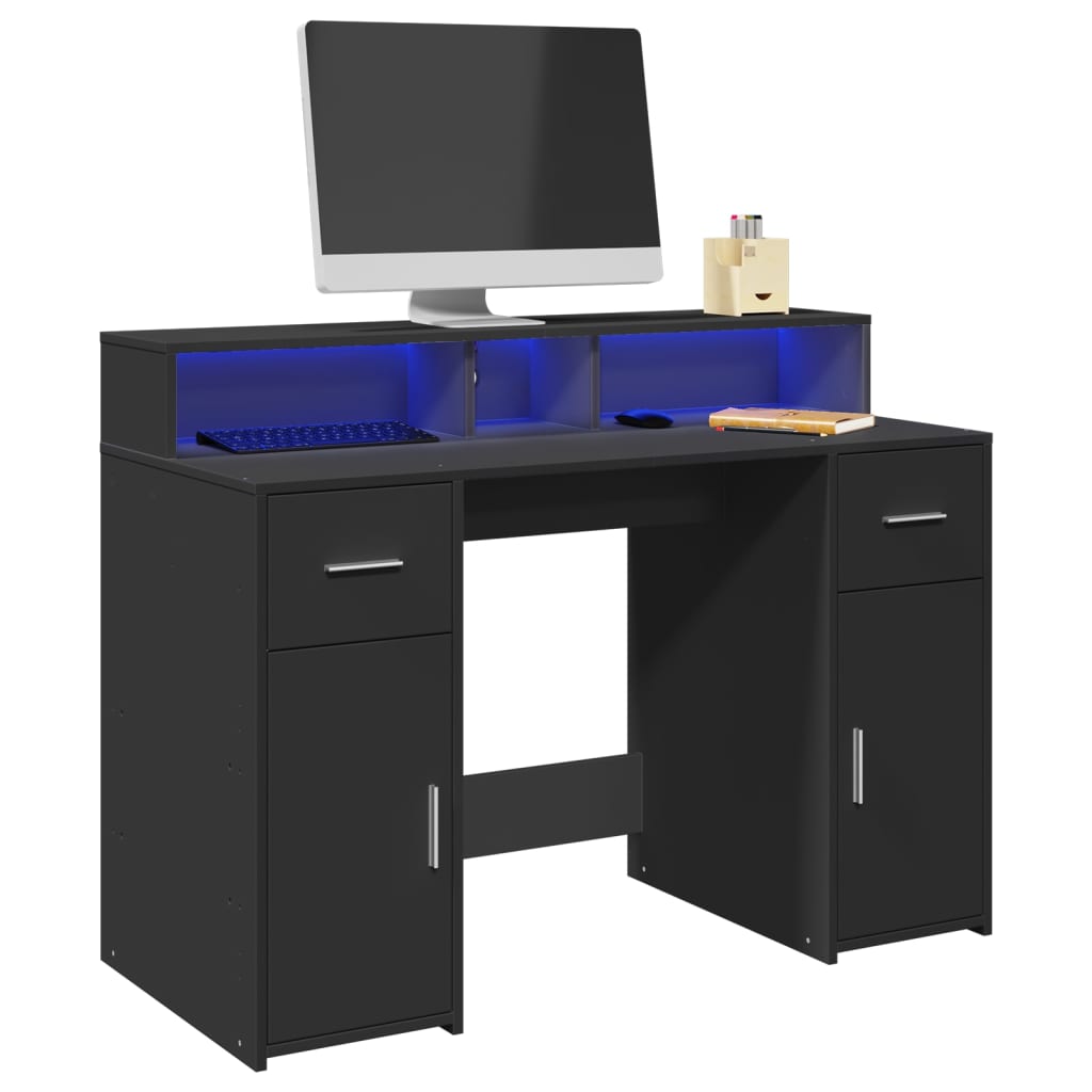 vidaXL Birou cu lumini LED, negru, 120x55x91 cm, lemn prelucrat vidaXL Birou cu lumini LED, negru, 120x55x91 cm, lemn prelucrat