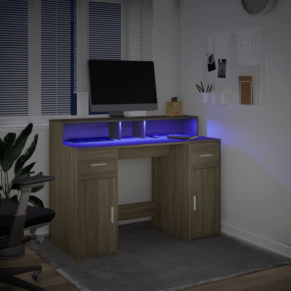 vidaXL Birou cu lumini LED stejar sonoma, 120x55x91 cm, lemn prelucrat vidaXL Birou cu lumini LED stejar sonoma, 120x55x91 cm, lemn prelucrat