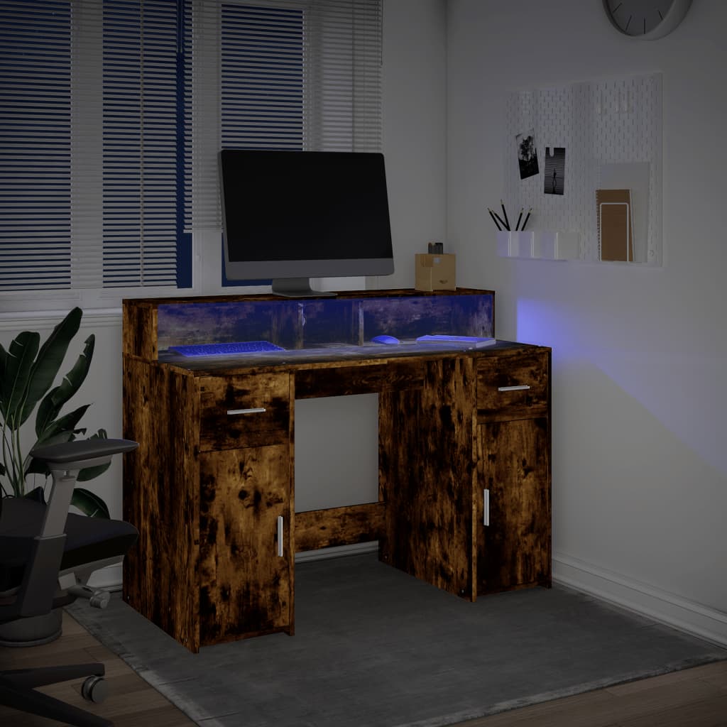 vidaXL Birou cu lumini LED stejar fumuriu 120x55x91 cm lemn prelucrat vidaXL Birou cu lumini LED stejar fumuriu 120x55x91 cm lemn prelucrat