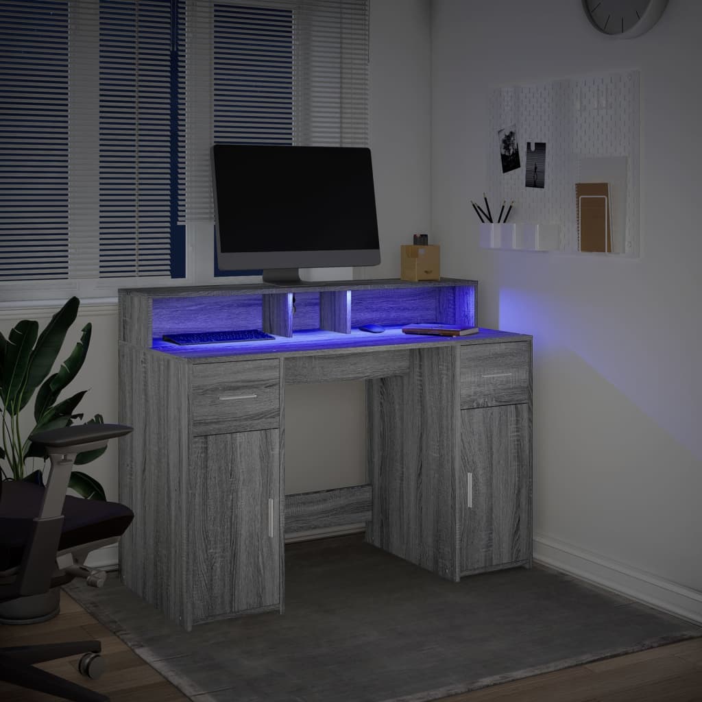 vidaXL Birou cu lumini LED, gri sonoma, 120x55x91 cm, lemn prelucrat vidaXL Birou cu lumini LED, gri sonoma, 120x55x91 cm, lemn prelucrat