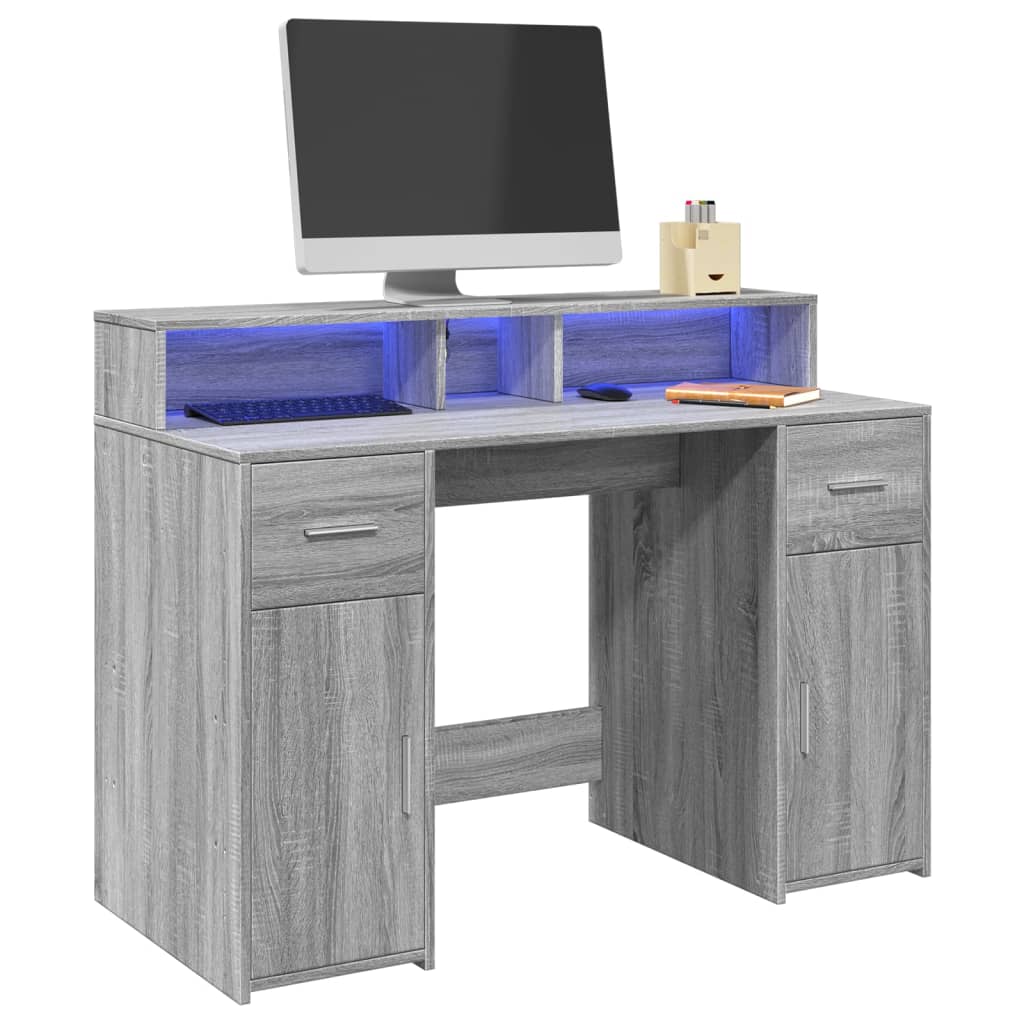 vidaXL Birou cu lumini LED, gri sonoma, 120x55x91 cm, lemn prelucrat vidaXL Birou cu lumini LED, gri sonoma, 120x55x91 cm, lemn prelucrat