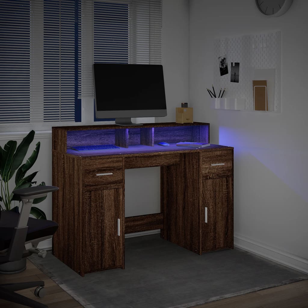 vidaXL Birou cu lumini LED, stejar maro, 120x55x91 cm, lemn prelucrat vidaXL Birou cu lumini LED, stejar maro, 120x55x91 cm, lemn prelucrat