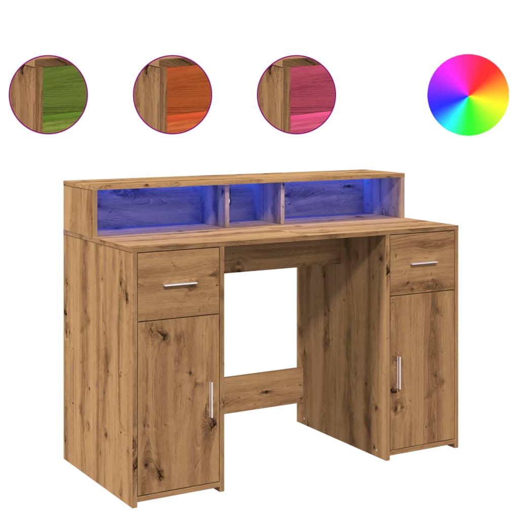 vidaXL Birou cu lumini LED stejar artizanal 120x55x91cm lemn prelucrat vidaXL Birou cu lumini LED stejar artizanal 120x55x91cm lemn prelucrat