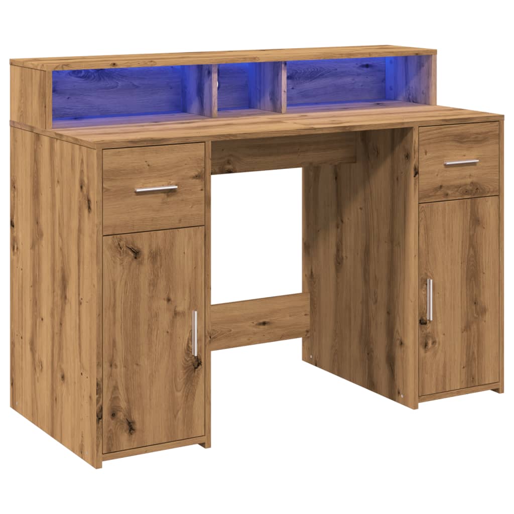 vidaXL Birou cu lumini LED stejar artizanal 120x55x91cm lemn prelucrat vidaXL Birou cu lumini LED stejar artizanal 120x55x91cm lemn prelucrat