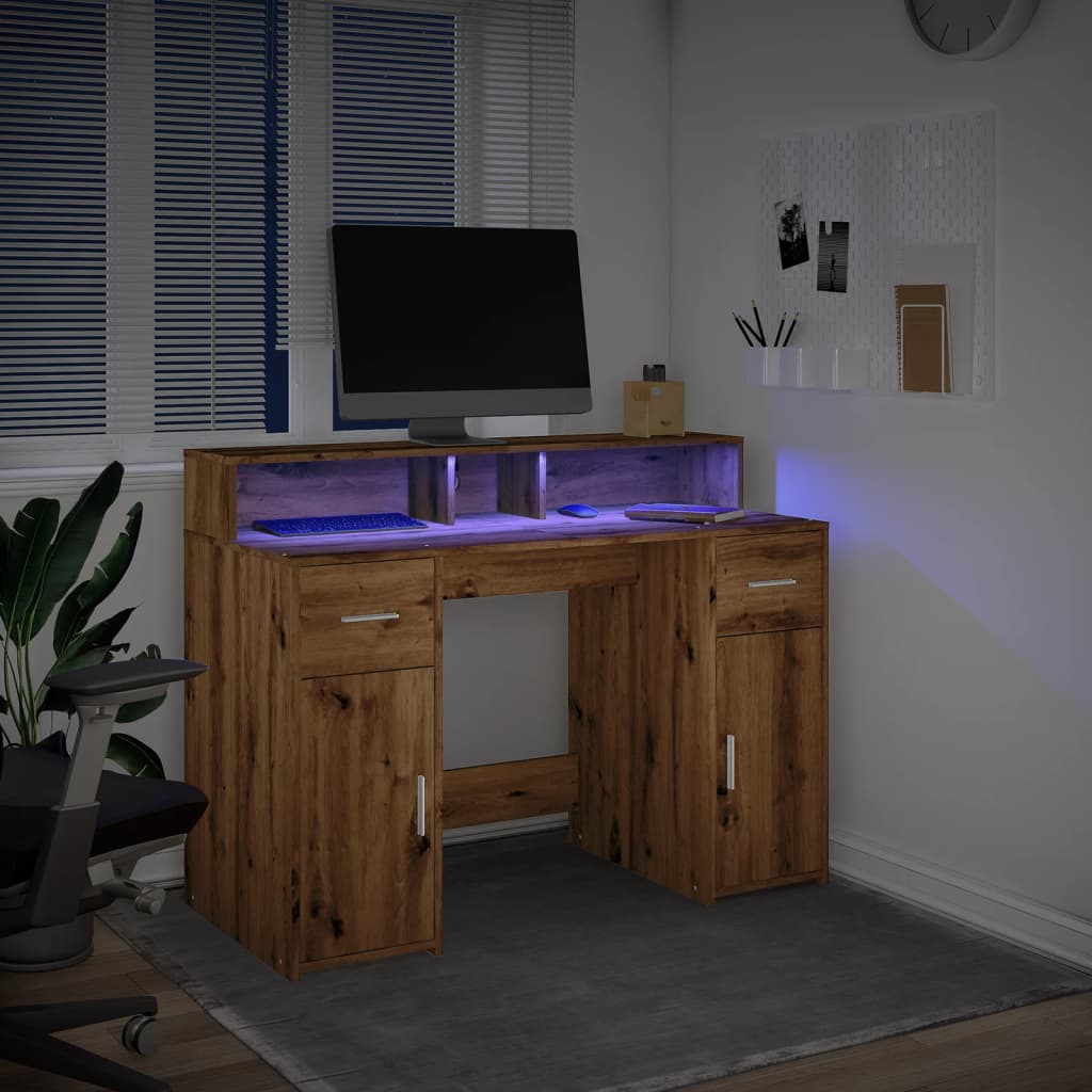 vidaXL Birou cu lumini LED stejar artizanal 120x55x91cm lemn prelucrat vidaXL Birou cu lumini LED stejar artizanal 120x55x91cm lemn prelucrat