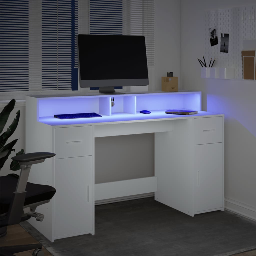 vidaXL Birou cu lumini LED, alb, 140x55x91 cm, lemn prelucrat vidaXL Birou cu lumini LED, alb, 140x55x91 cm, lemn prelucrat