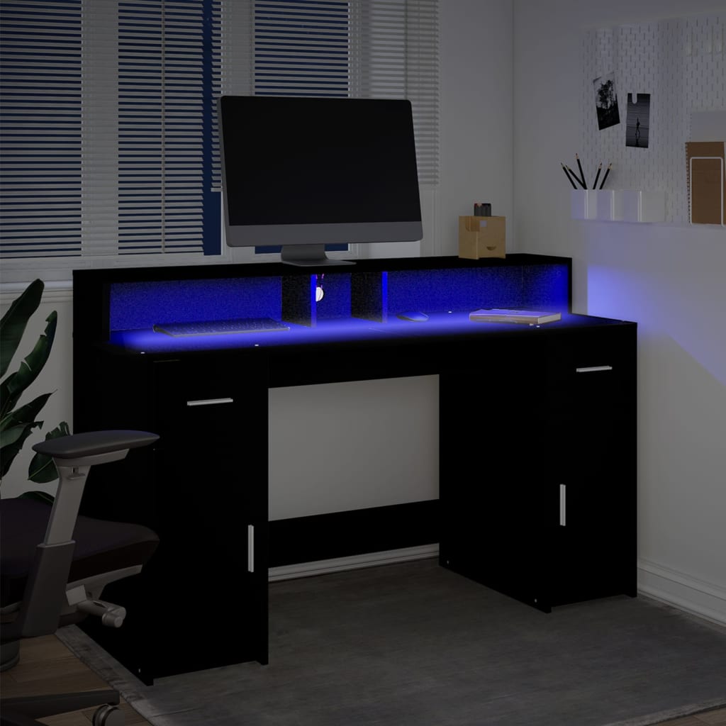 vidaXL Birou cu lumini LED, negru, 140x55x91 cm, lemn prelucrat