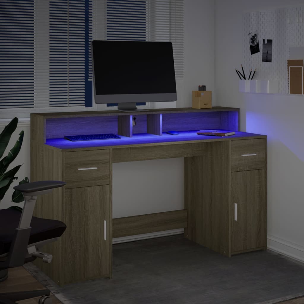 vidaXL Birou cu lumini LED stejar sonoma, 140x55x91 cm, lemn prelucrat vidaXL Birou cu lumini LED stejar sonoma, 140x55x91 cm, lemn prelucrat