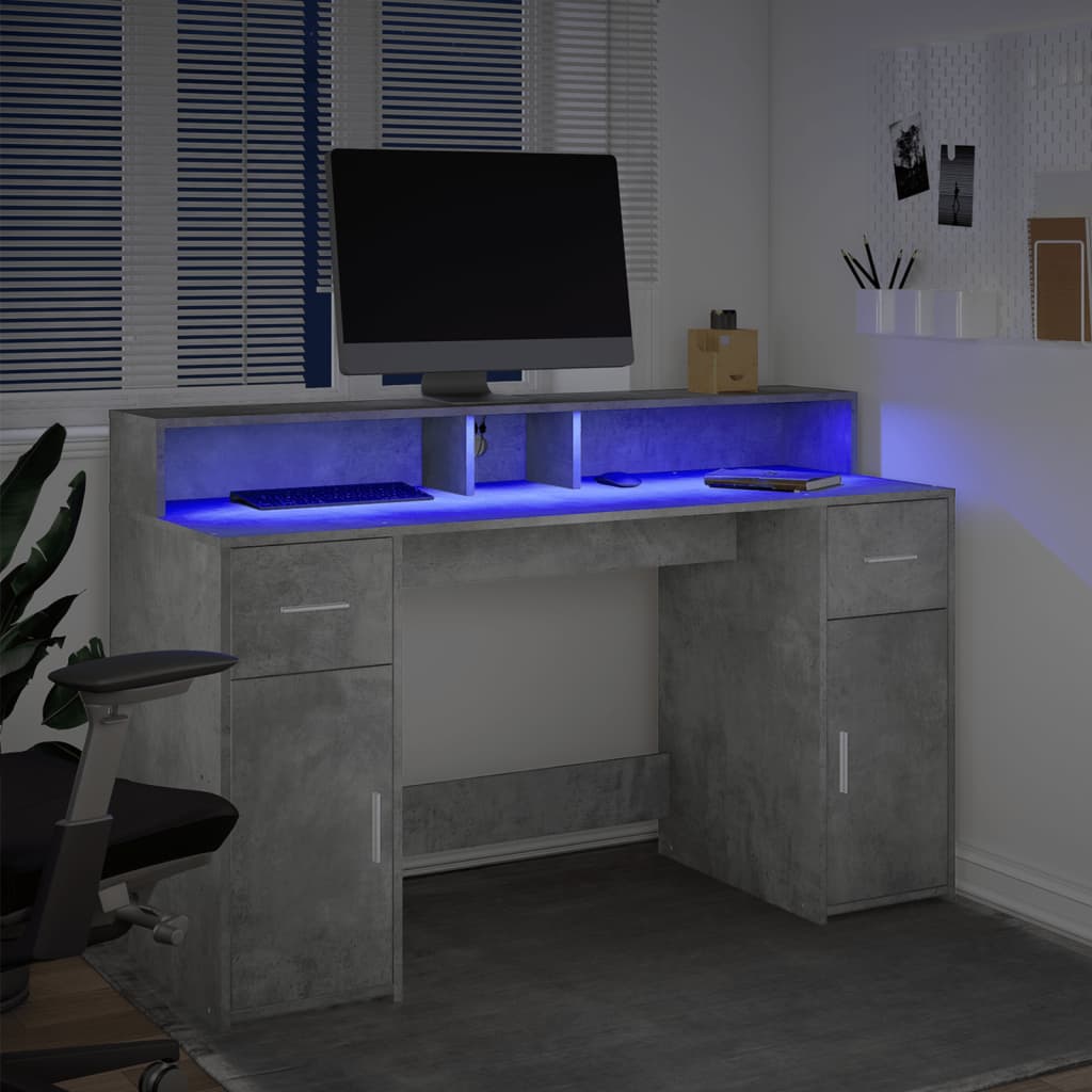 vidaXL Birou cu lumini LED, gri beton, 140x55x91 cm, lemn prelucrat vidaXL Birou cu lumini LED, gri beton, 140x55x91 cm, lemn prelucrat
