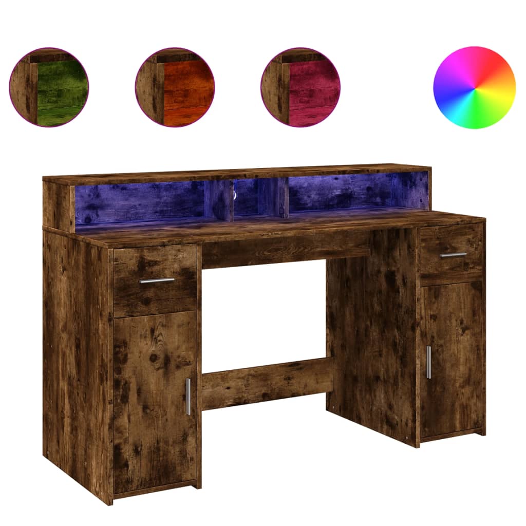 vidaXL Birou cu lumini LED stejar fumuriu 140x55x91 cm lemn prelucrat vidaXL Birou cu lumini LED stejar fumuriu 140x55x91 cm lemn prelucrat