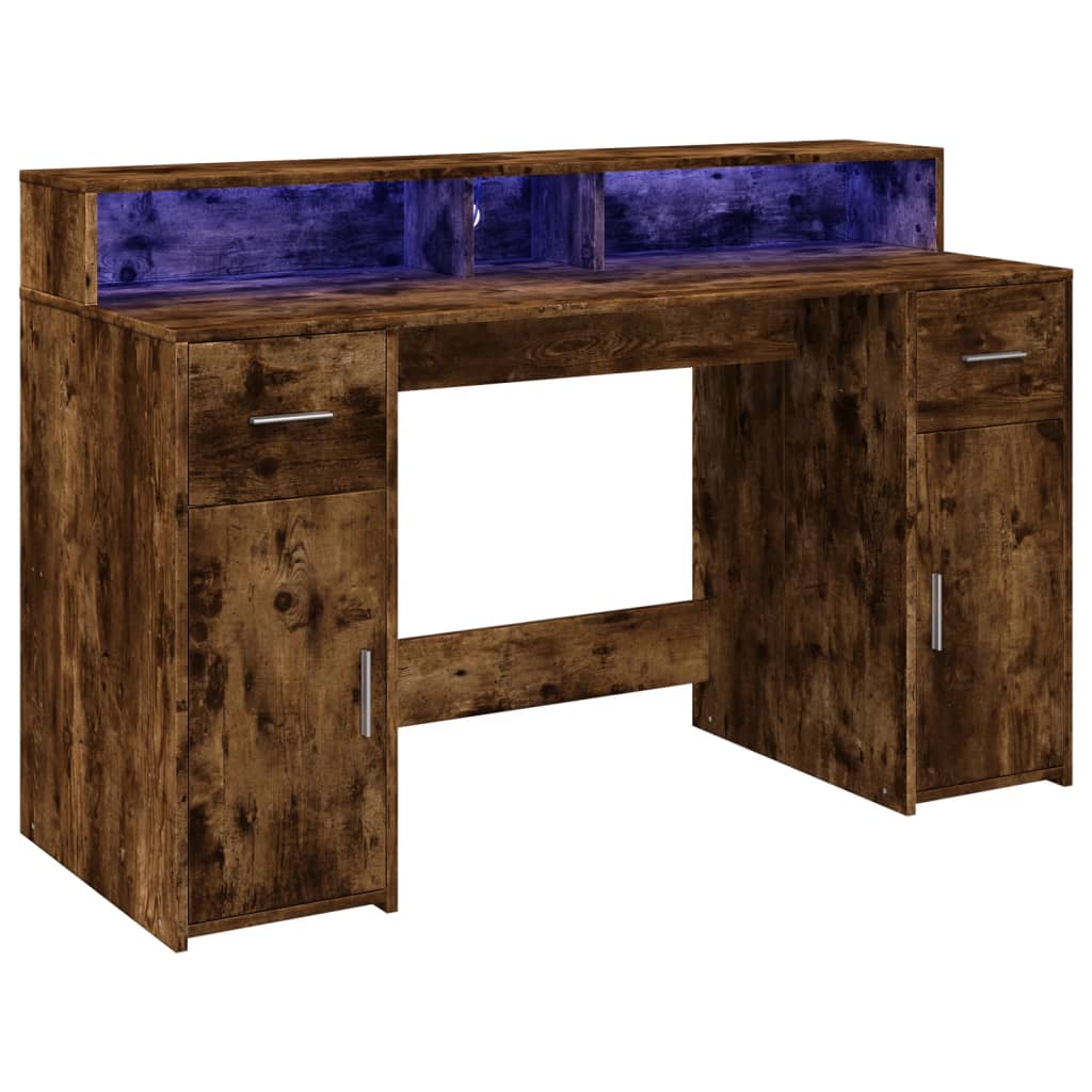 vidaXL Birou cu lumini LED stejar fumuriu 140x55x91 cm lemn prelucrat vidaXL Birou cu lumini LED stejar fumuriu 140x55x91 cm lemn prelucrat