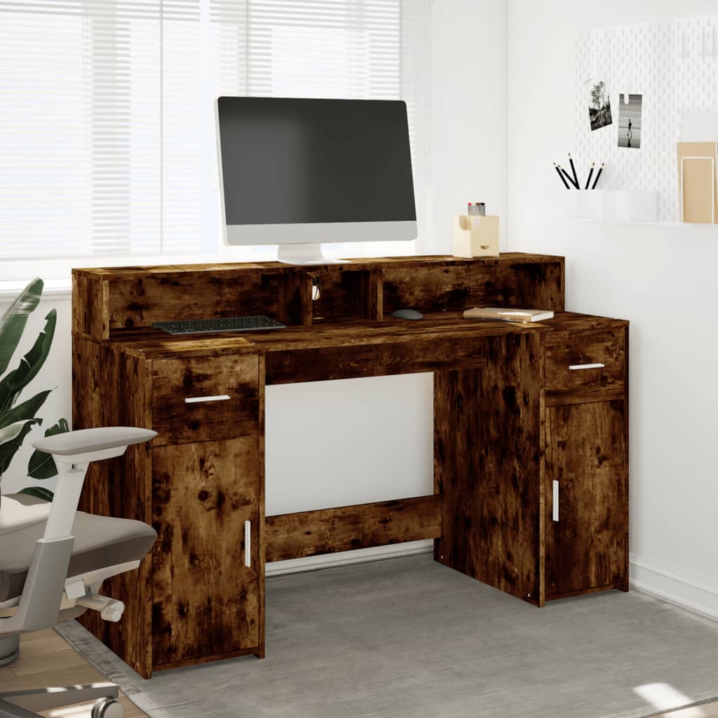 vidaXL Birou cu lumini LED stejar fumuriu 140x55x91 cm lemn prelucrat vidaXL Birou cu lumini LED stejar fumuriu 140x55x91 cm lemn prelucrat