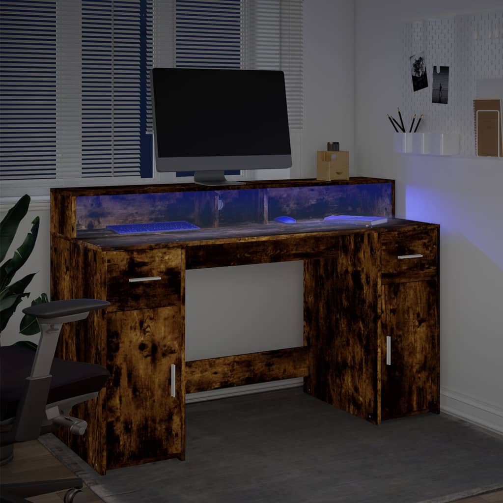 vidaXL Birou cu lumini LED stejar fumuriu 140x55x91 cm lemn prelucrat vidaXL Birou cu lumini LED stejar fumuriu 140x55x91 cm lemn prelucrat