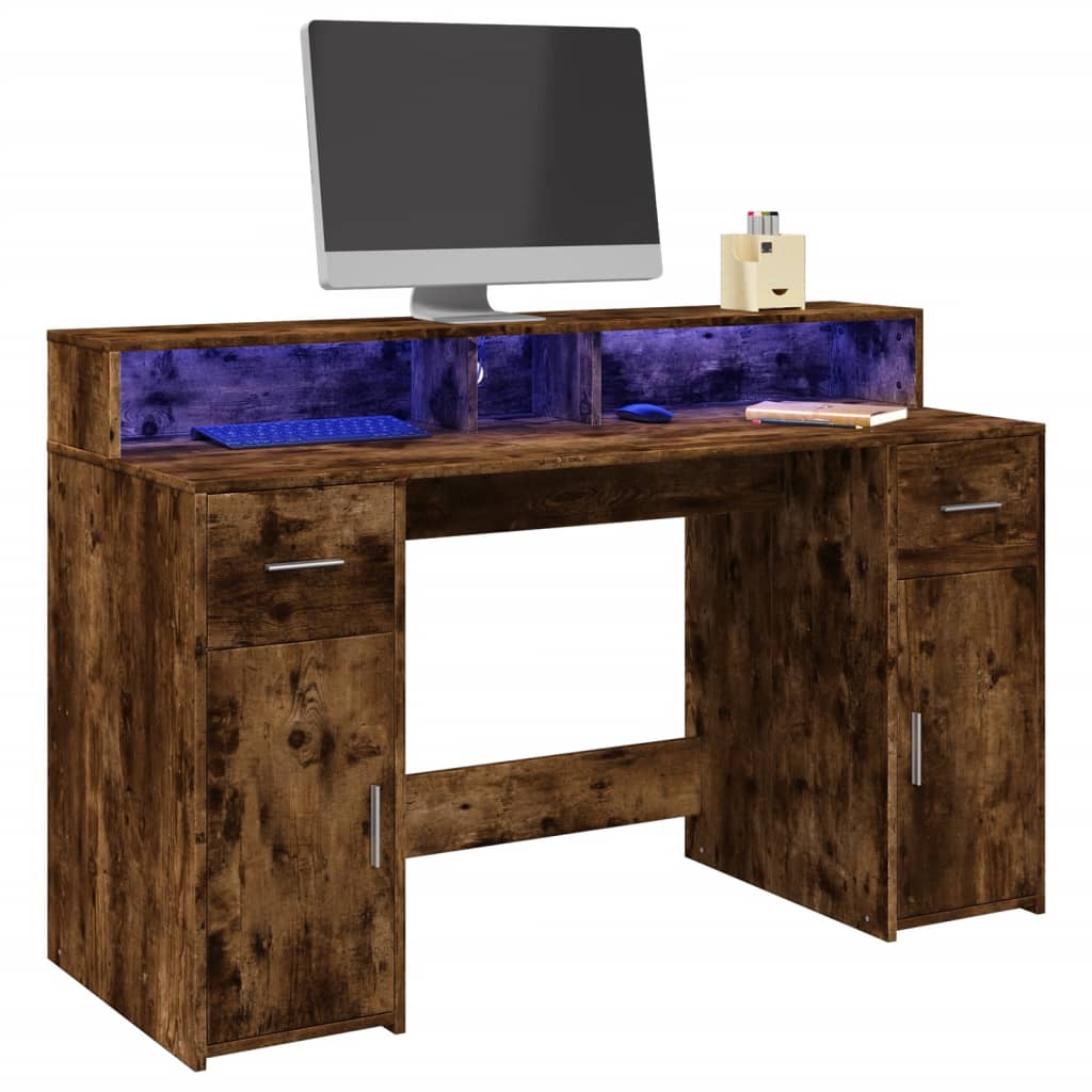 vidaXL Birou cu lumini LED stejar fumuriu 140x55x91 cm lemn prelucrat vidaXL Birou cu lumini LED stejar fumuriu 140x55x91 cm lemn prelucrat