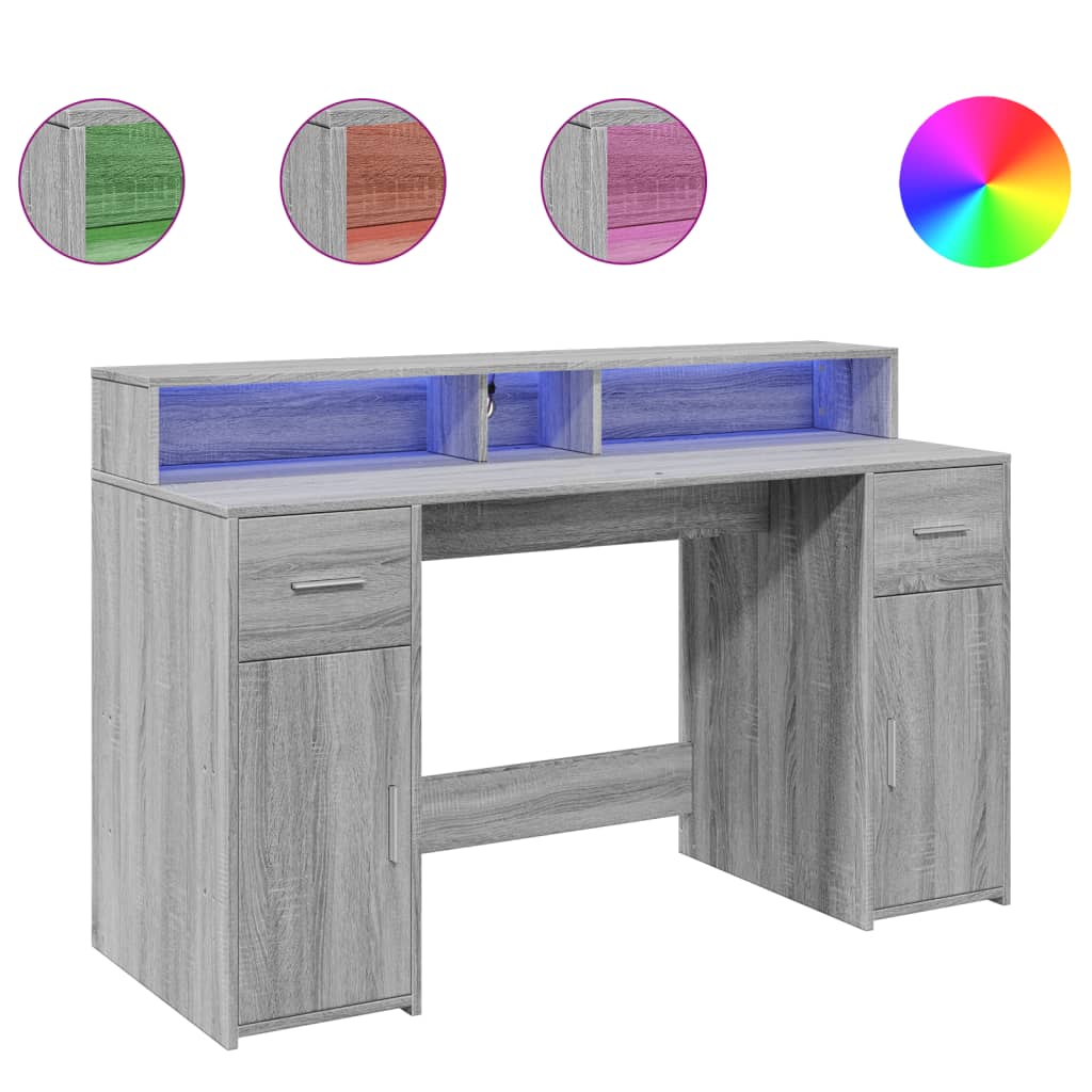 vidaXL Birou cu lumini LED, gri sonoma, 140x55x91 cm, lemn prelucrat vidaXL Birou cu lumini LED, gri sonoma, 140x55x91 cm, lemn prelucrat