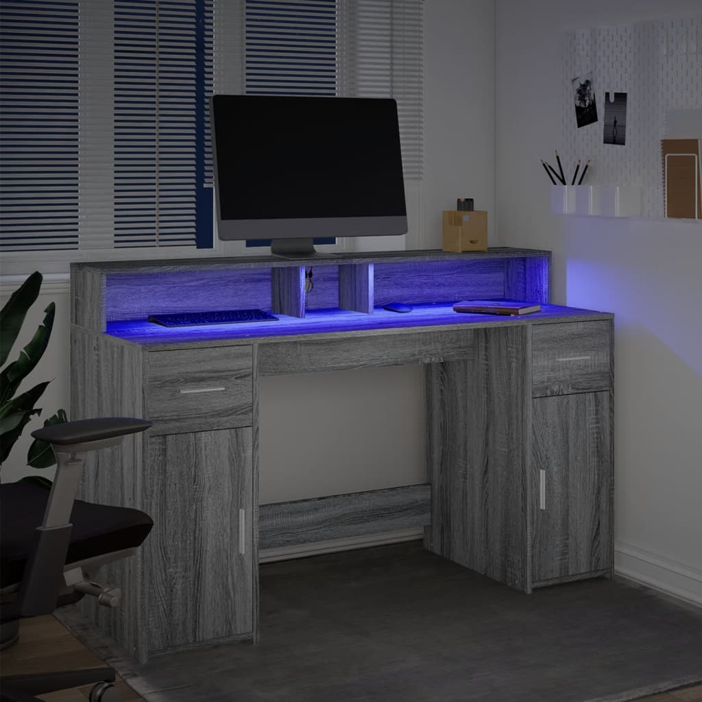 vidaXL Birou cu lumini LED, gri sonoma, 140x55x91 cm, lemn prelucrat vidaXL Birou cu lumini LED, gri sonoma, 140x55x91 cm, lemn prelucrat