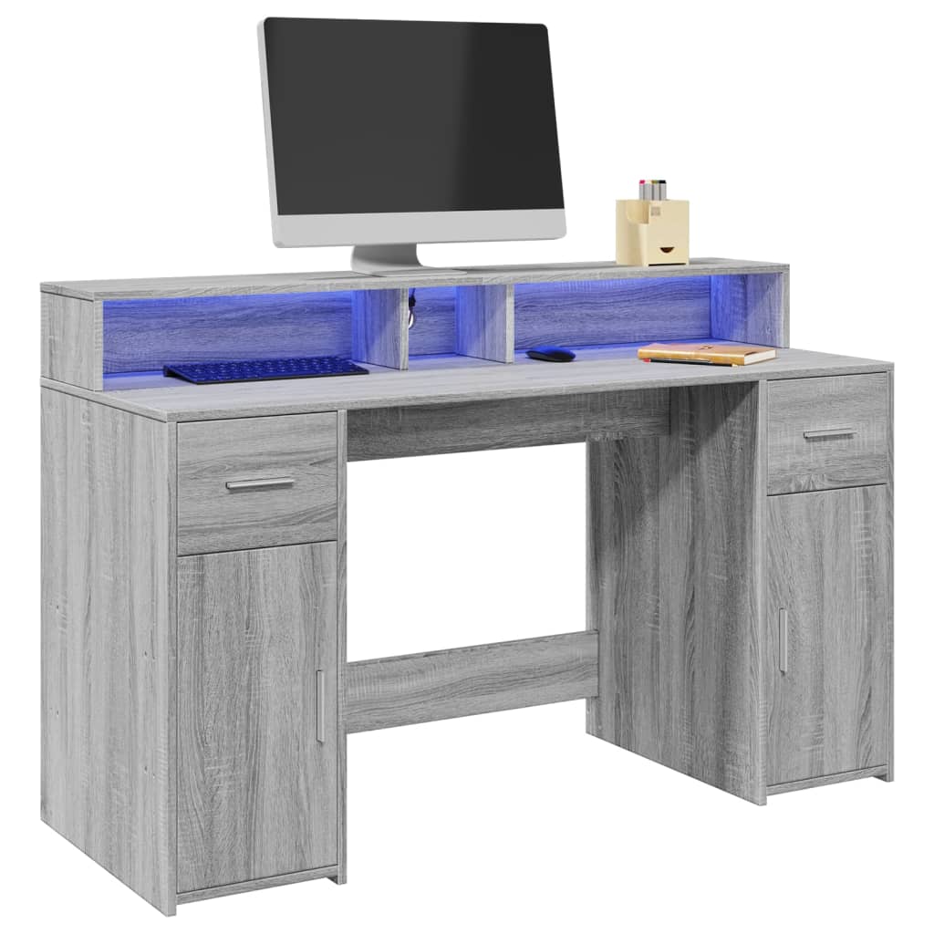 vidaXL Birou cu lumini LED, gri sonoma, 140x55x91 cm, lemn prelucrat vidaXL Birou cu lumini LED, gri sonoma, 140x55x91 cm, lemn prelucrat