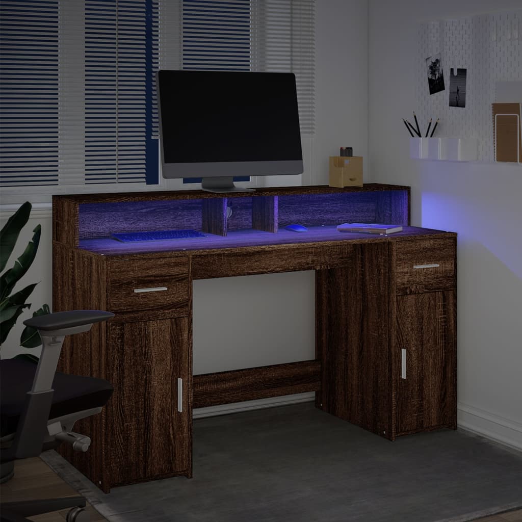 vidaXL Birou cu lumini LED, stejar maro, 140x55x91 cm, lemn prelucrat vidaXL Birou cu lumini LED, stejar maro, 140x55x91 cm, lemn prelucrat