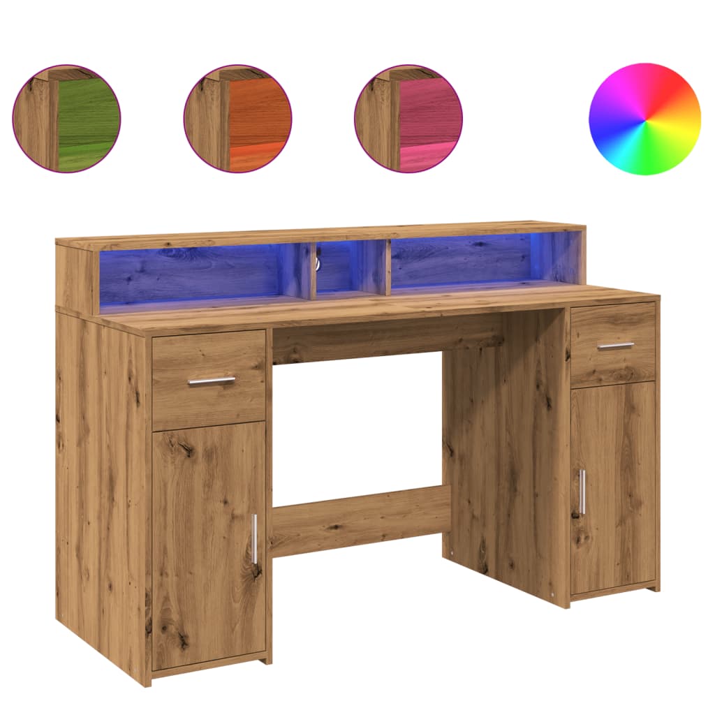 vidaXL Birou cu lumini LED stejar artizanal 140x55x91cm lemn prelucrat vidaXL Birou cu lumini LED stejar artizanal 140x55x91cm lemn prelucrat