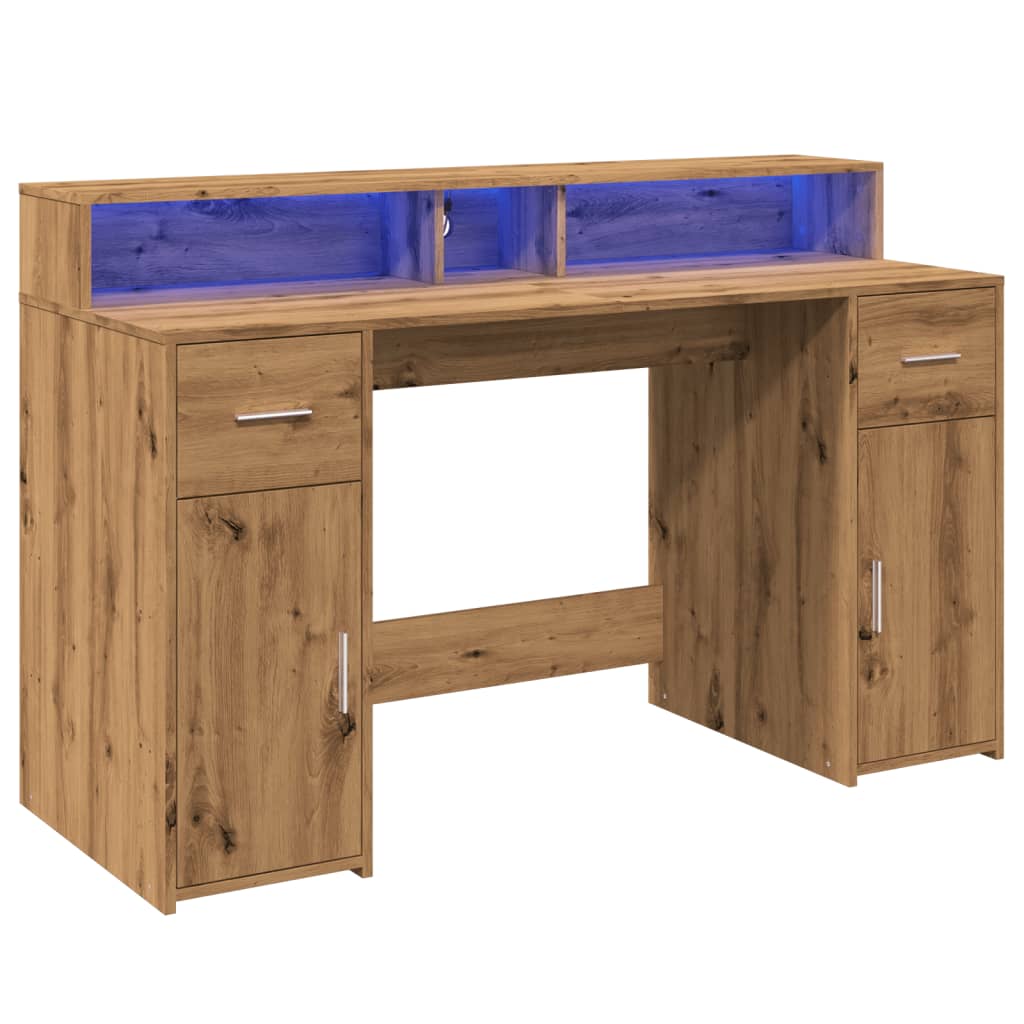 vidaXL Birou cu lumini LED stejar artizanal 140x55x91cm lemn prelucrat vidaXL Birou cu lumini LED stejar artizanal 140x55x91cm lemn prelucrat