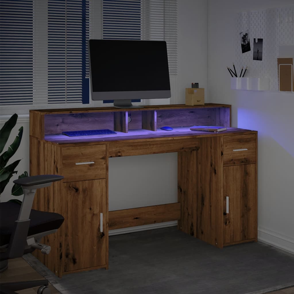 vidaXL Birou cu lumini LED stejar artizanal 140x55x91cm lemn prelucrat vidaXL Birou cu lumini LED stejar artizanal 140x55x91cm lemn prelucrat