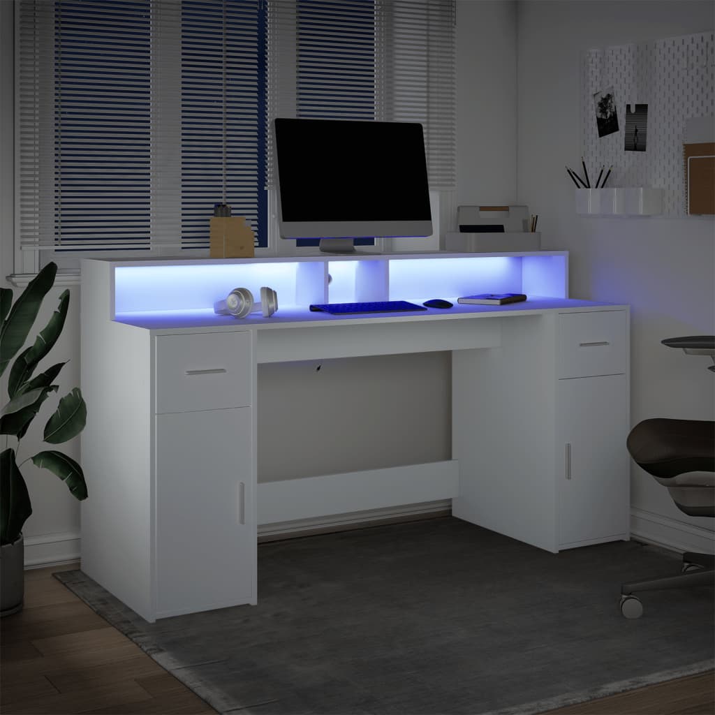 vidaXL Birou cu lumini LED, alb, 160x55x91 cm, lemn prelucrat vidaXL Birou cu lumini LED, alb, 160x55x91 cm, lemn prelucrat