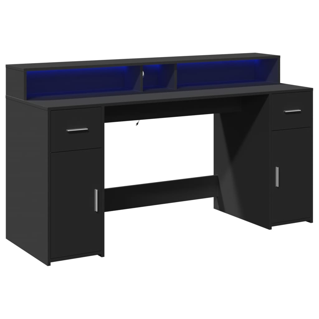 vidaXL Birou cu lumini LED, negru, 160x55x91 cm, lemn prelucrat