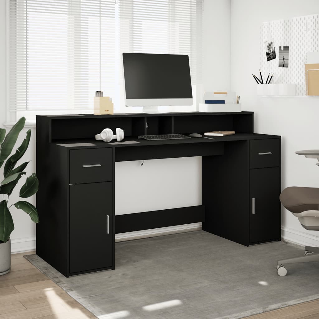 vidaXL Birou cu lumini LED, negru, 160x55x91 cm, lemn prelucrat
