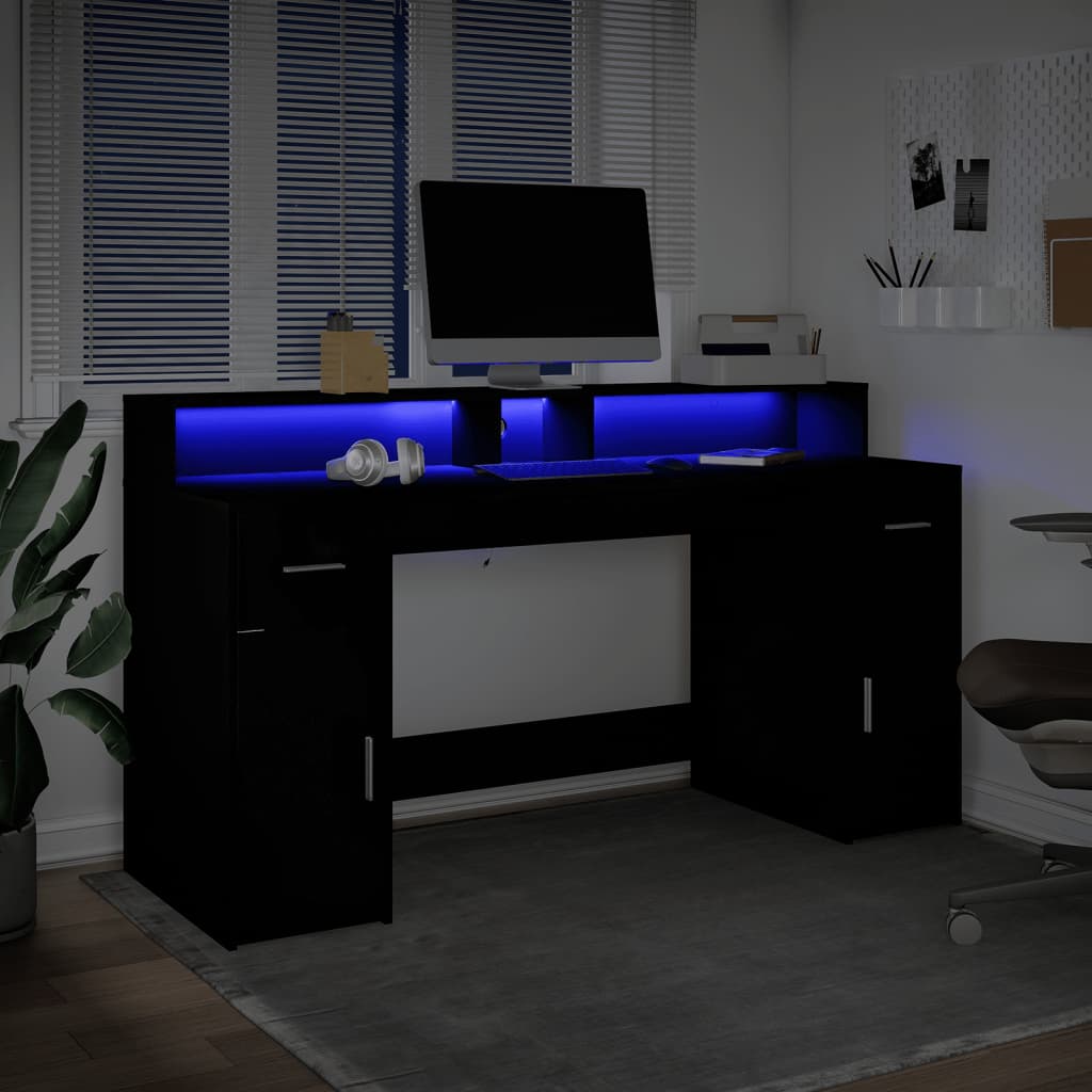 vidaXL Birou cu lumini LED, negru, 160x55x91 cm, lemn prelucrat