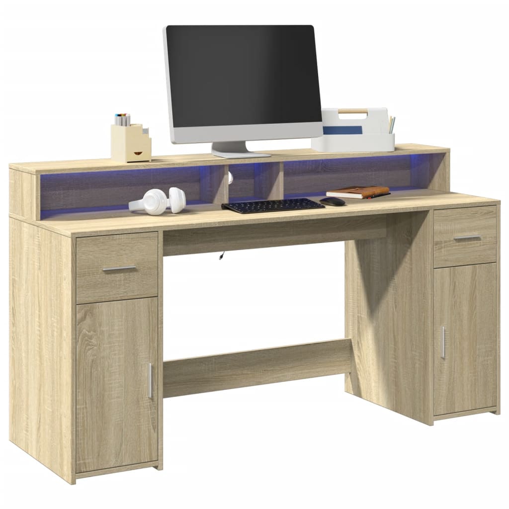 vidaXL Birou cu lumini LED stejar sonoma, 160x55x91 cm, lemn prelucrat vidaXL Birou cu lumini LED stejar sonoma, 160x55x91 cm, lemn prelucrat