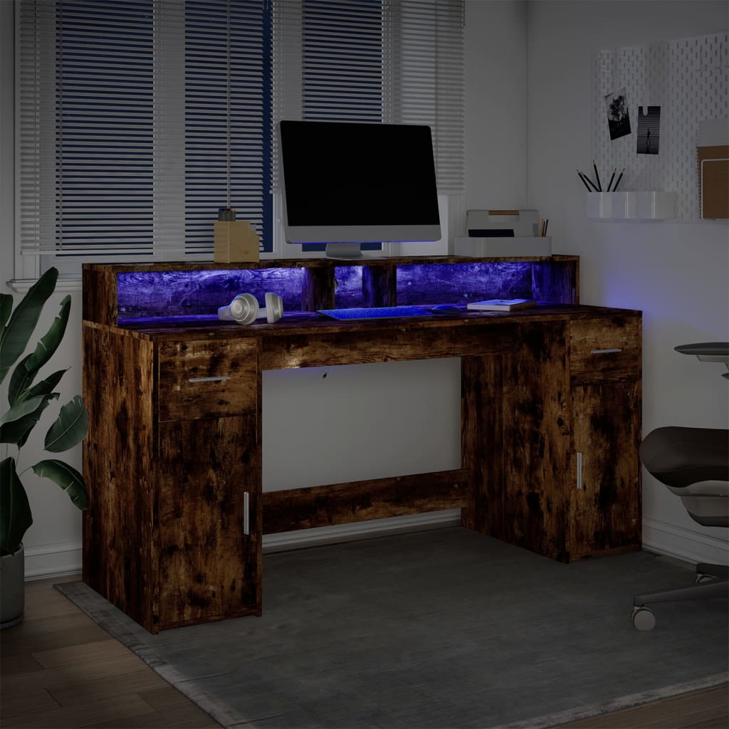 vidaXL Birou cu lumini LED stejar fumuriu 160x55x91 cm lemn prelucrat