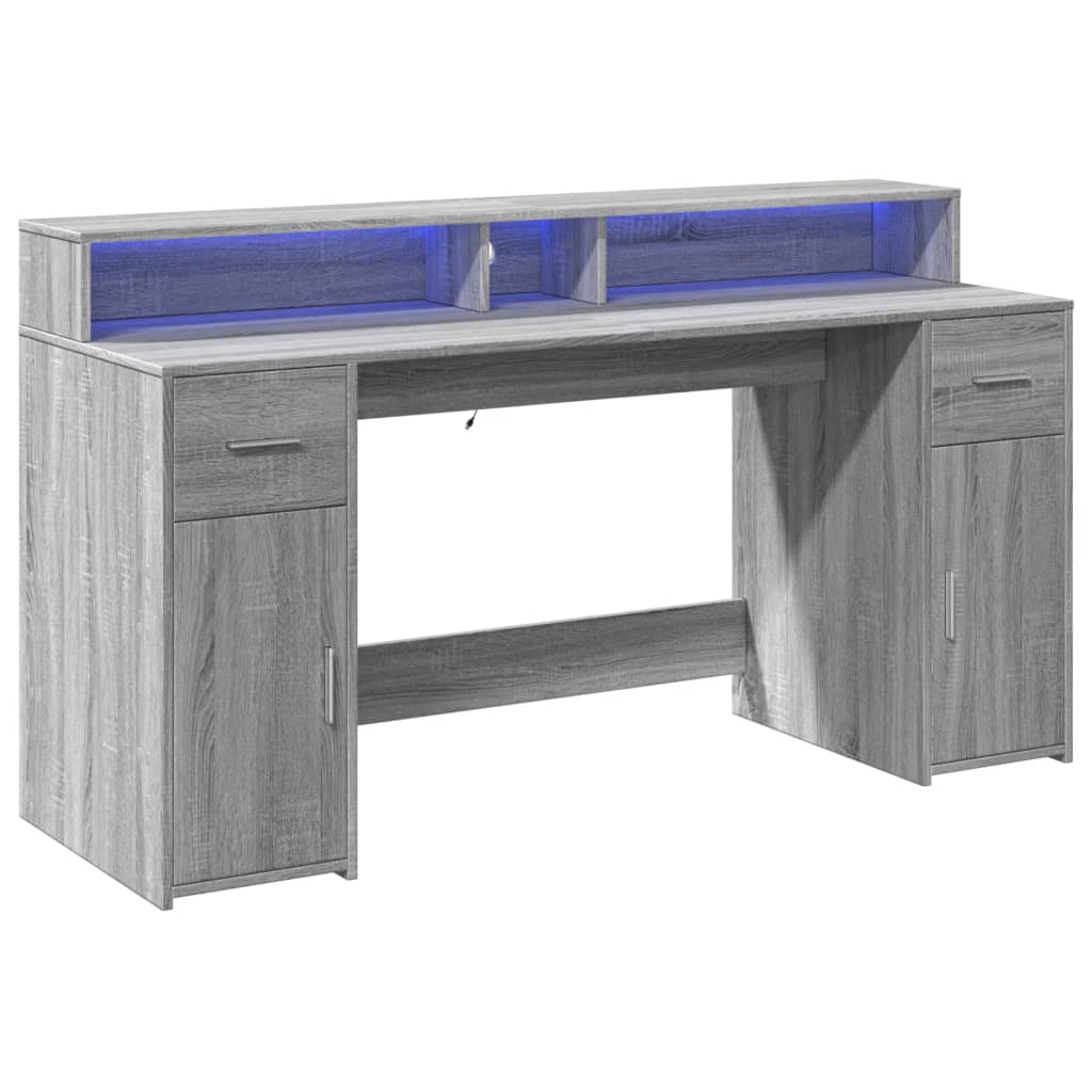 vidaXL Birou cu lumini LED, gri sonoma, 160x55x91 cm, lemn prelucrat