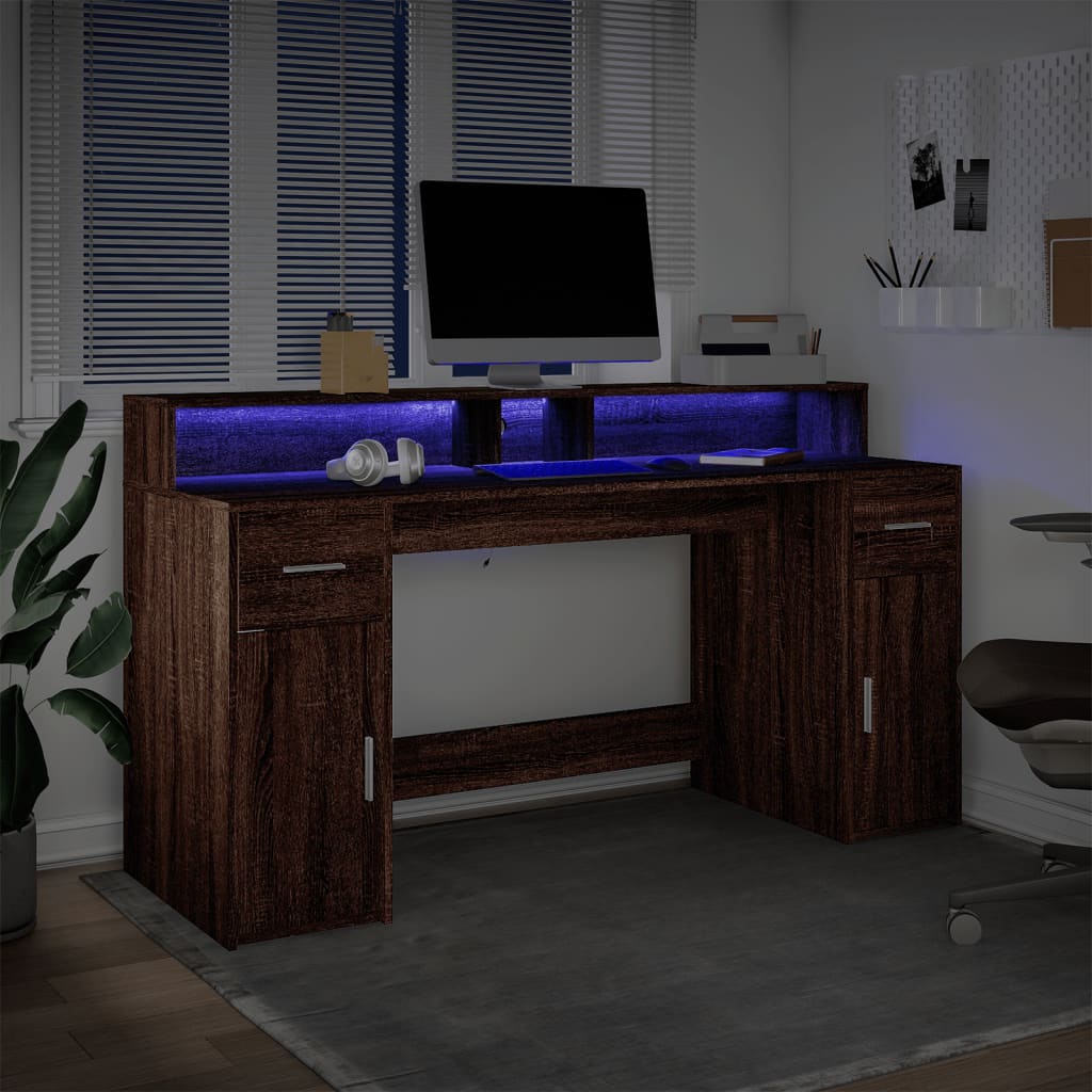 vidaXL Birou cu lumini LED, stejar maro, 160x55x91 cm, lemn prelucrat
