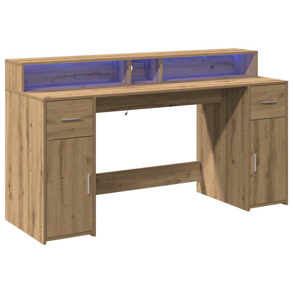 vidaXL Birou cu lumini LED stejar artizanal 160x55x91cm lemn prelucrat vidaXL Birou cu lumini LED stejar artizanal 160x55x91cm lemn prelucrat
