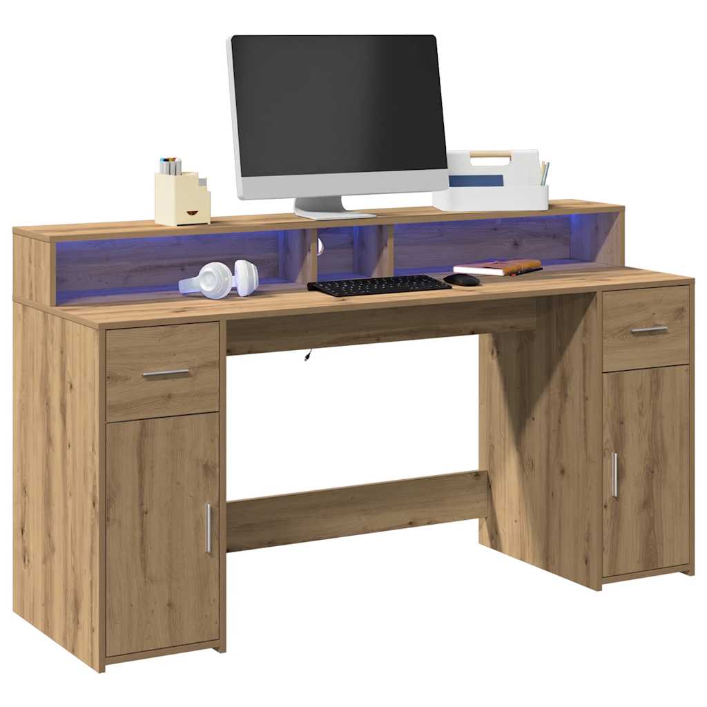 vidaXL Birou cu lumini LED stejar artizanal 160x55x91cm lemn prelucrat vidaXL Birou cu lumini LED stejar artizanal 160x55x91cm lemn prelucrat