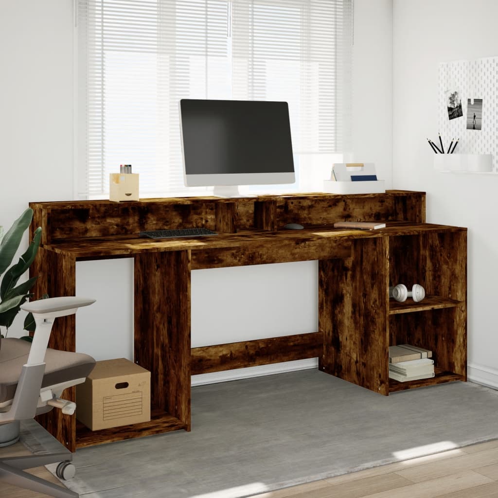vidaXL Birou cu lumini LED stejar fumuriu 200x55x91 cm lemn prelucrat vidaXL Birou cu lumini LED stejar fumuriu 200x55x91 cm lemn prelucrat