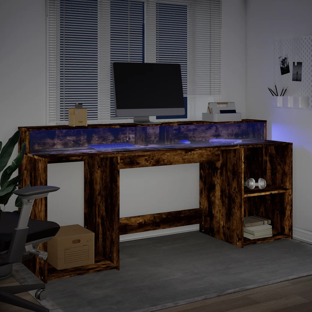 vidaXL Birou cu lumini LED stejar fumuriu 200x55x91 cm lemn prelucrat vidaXL Birou cu lumini LED stejar fumuriu 200x55x91 cm lemn prelucrat
