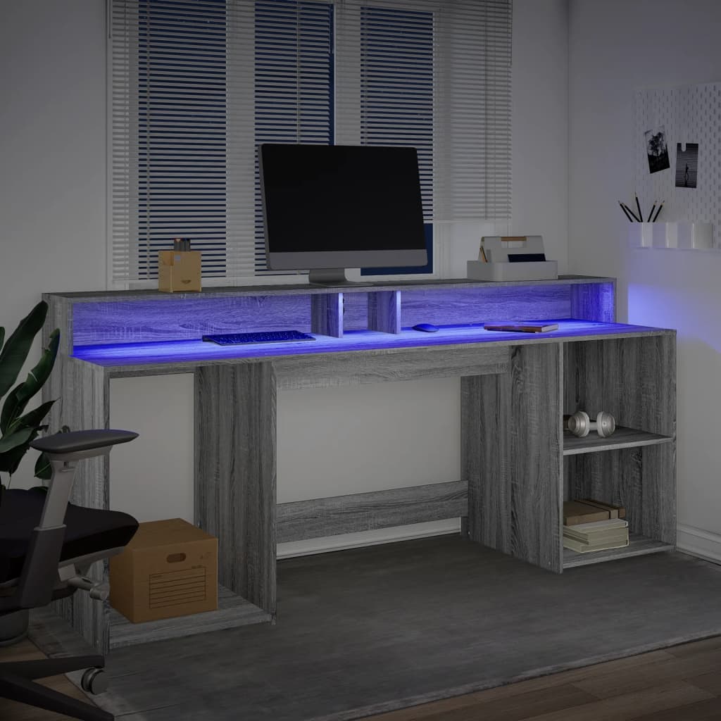 vidaXL Birou cu lumini LED, gri sonoma, 200x55x91 cm, lemn prelucrat vidaXL Birou cu lumini LED, gri sonoma, 200x55x91 cm, lemn prelucrat